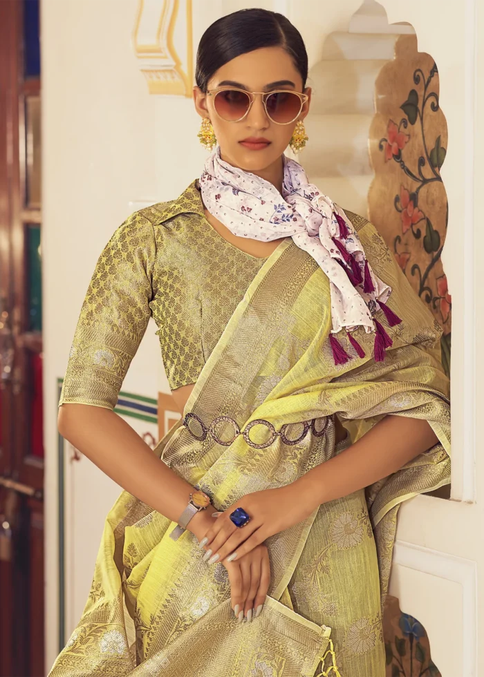 Lemon Yellow Woven Linen Silk Saree