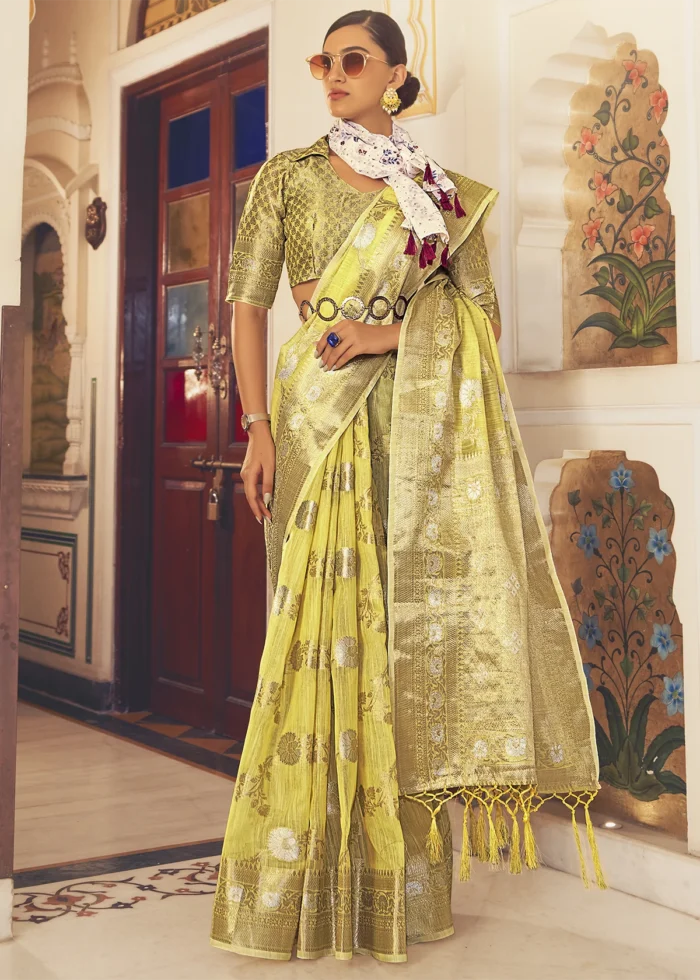 Lemon Yellow Woven Linen Silk Saree