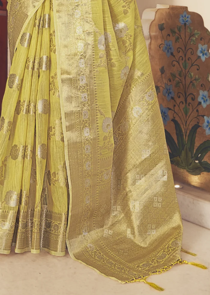 Lemon Yellow Woven Linen Silk Saree