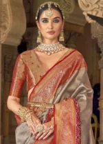 Light Gray Banarasi Silk Saree with Brocade Blouse