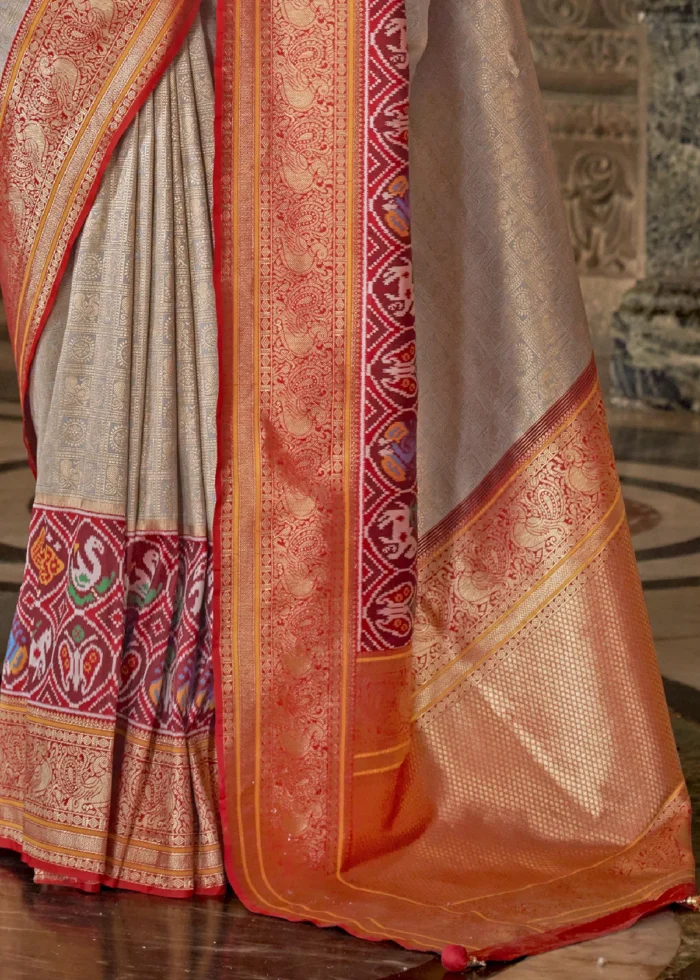 Light Gray Banarasi Silk Saree with Brocade Blouse