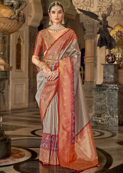 Light Gray Banarasi Silk Saree with Brocade Blouse