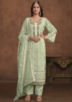 Light Green Embroidered Suit in Organza