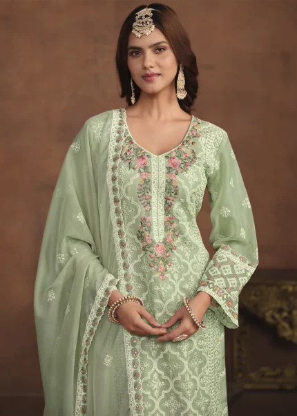 Light Green Embroidered Suit in Organza