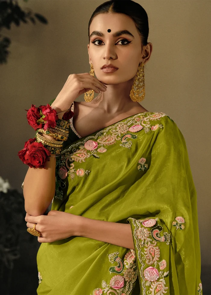 Lime Green Embroidered Saree