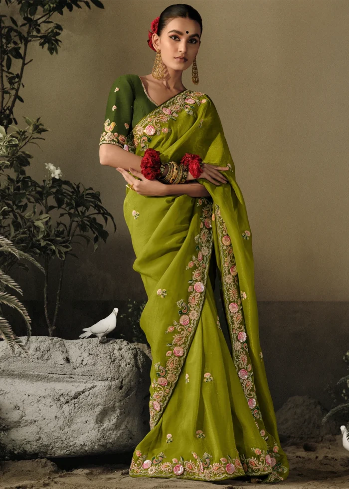 Lime Green Embroidered Saree