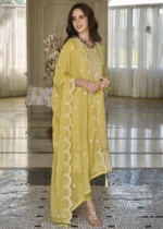 Lime Yellow Organza Suit with Embroidery Work