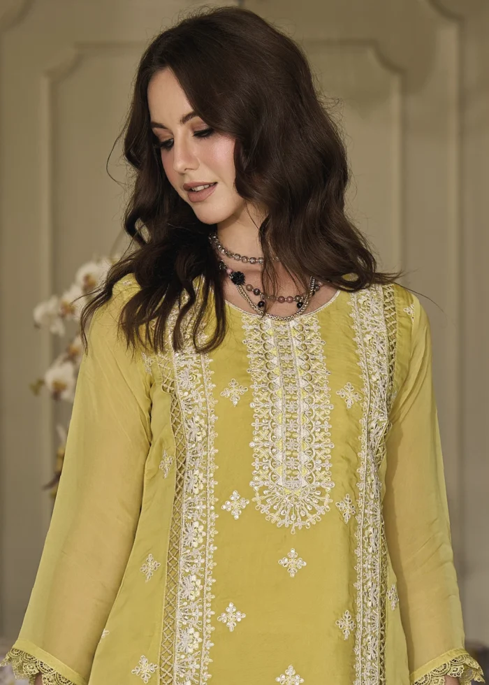 Lime Yellow Organza Suit with Embroidery Work