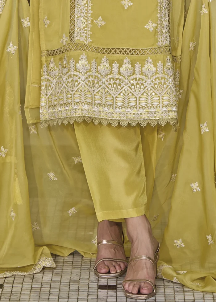 Lime Yellow Organza Suit with Embroidery Work