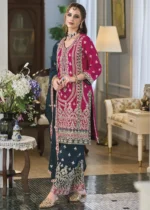 Magenta and Blue Silk Suit with Embroidery Work