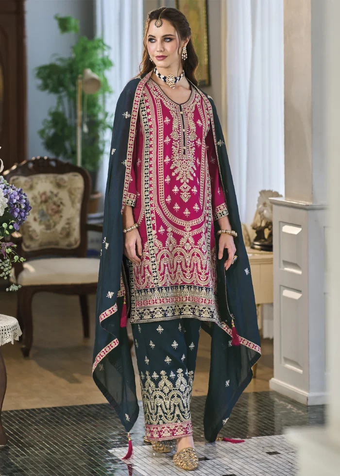 Magenta and Blue Silk Suit with Embroidery Work