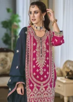 Magenta and Blue Silk Suit with Embroidery Work