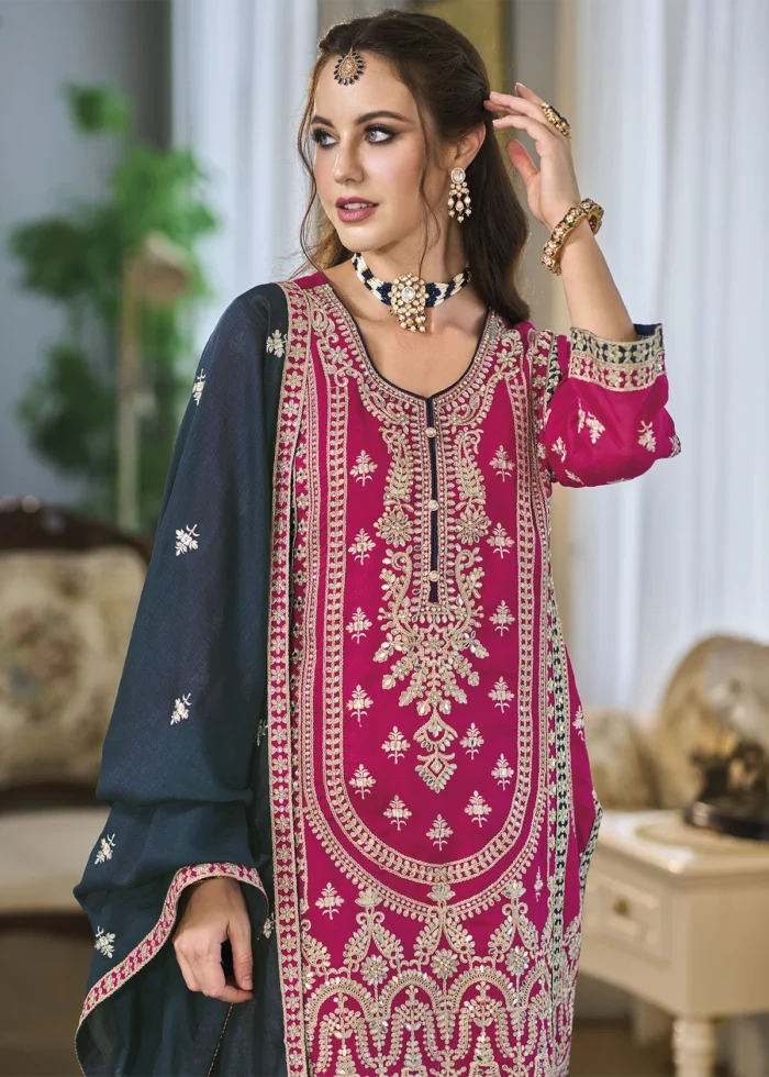 Magenta and Blue Silk Suit with Embroidery Work