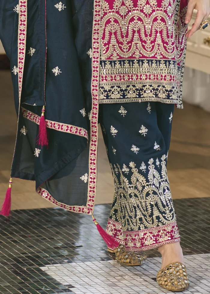 Magenta and Blue Silk Suit with Embroidery Work