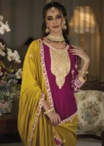 Magenta and Mustard Silk Suit with Embroidery Work