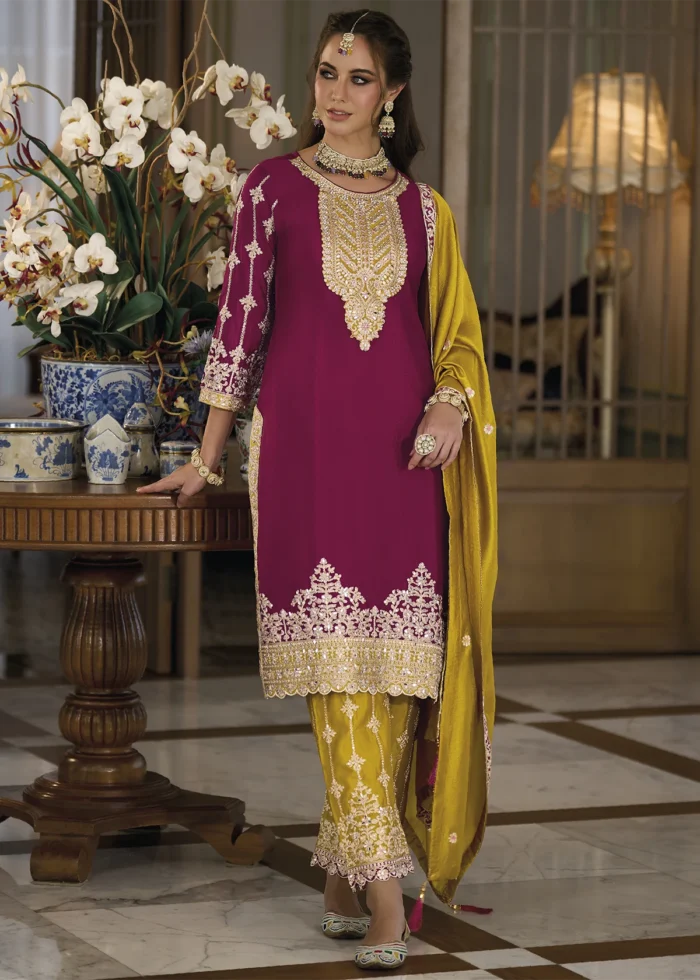 Magenta and Mustard Silk Suit with Embroidery Work