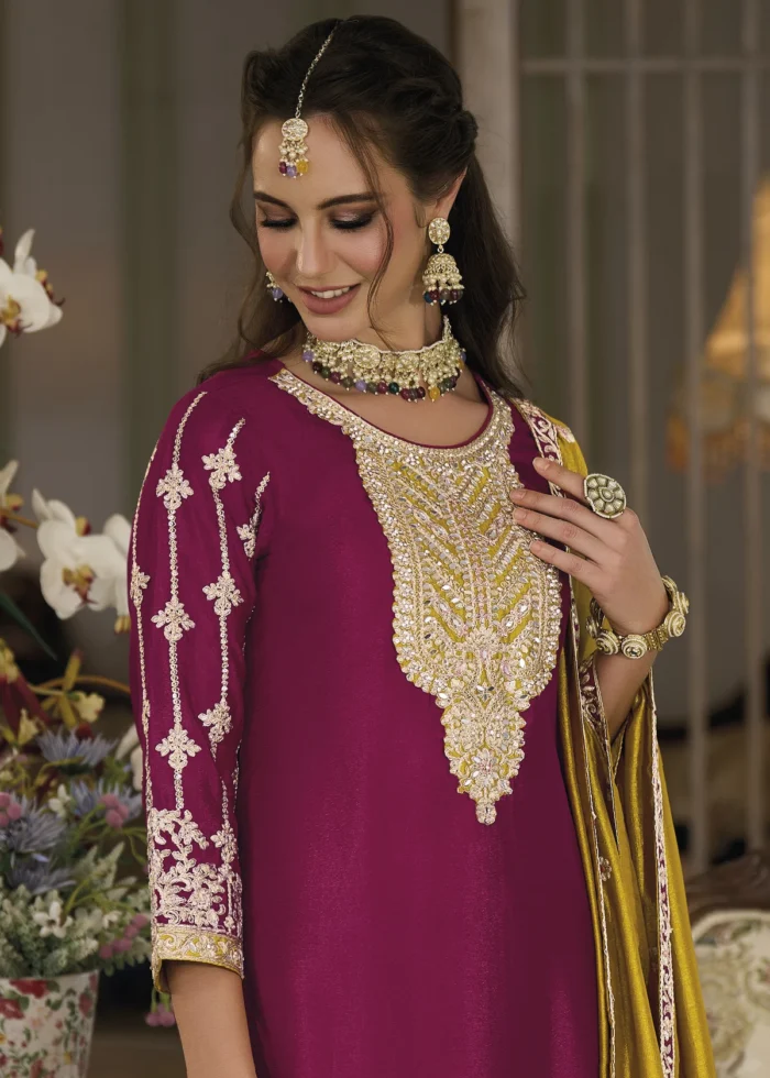 Magenta and Mustard Silk Suit with Embroidery Work