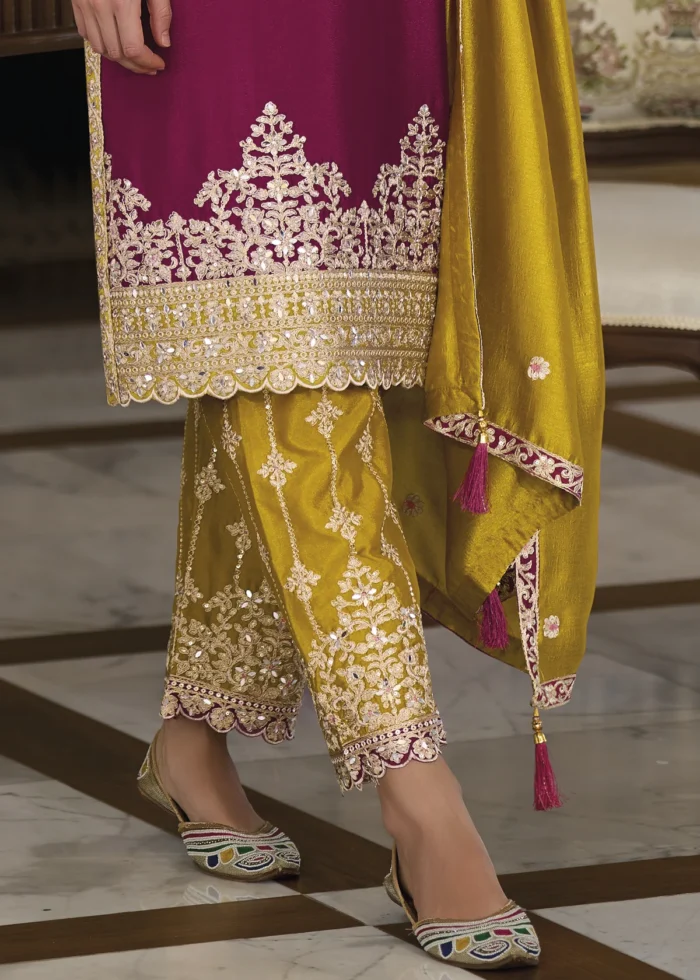 Magenta and Mustard Silk Suit with Embroidery Work