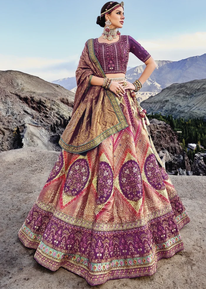 Magenta and Peach Banarasi Lehenga