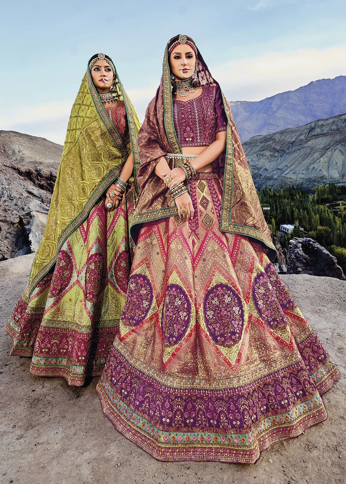 Magenta and Peach Banarasi Lehenga