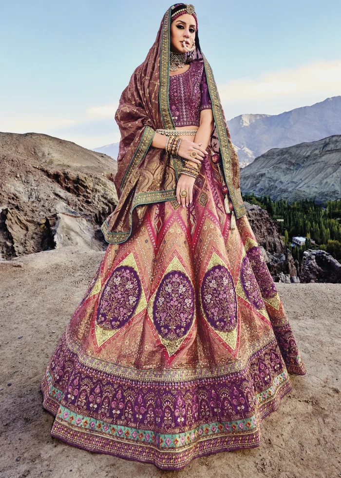 Magenta and Peach Banarasi Lehenga