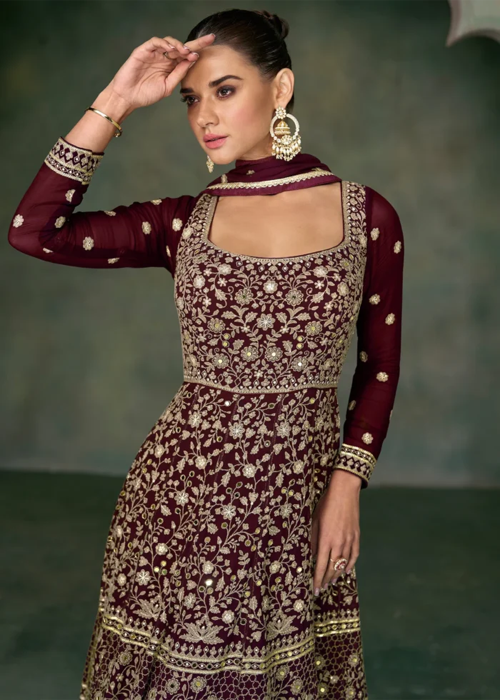 Maroon Georgette Anarkali Gown with Heavy Embroidery