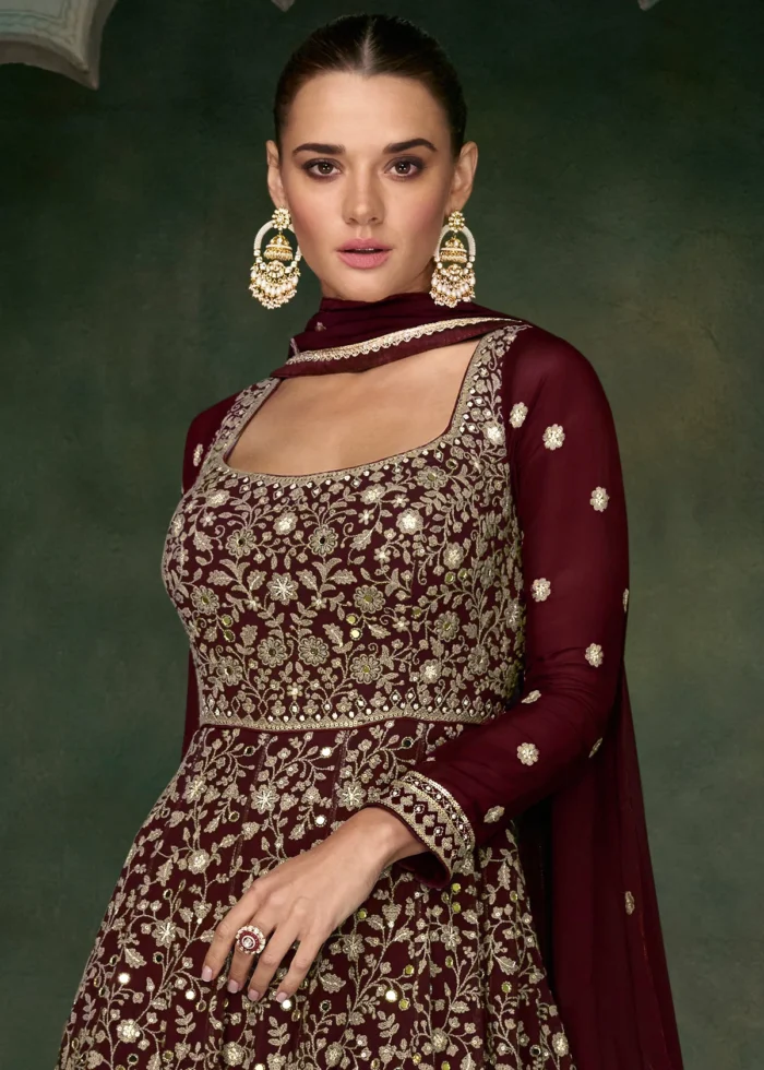 Maroon Georgette Anarkali Gown with Heavy Embroidery