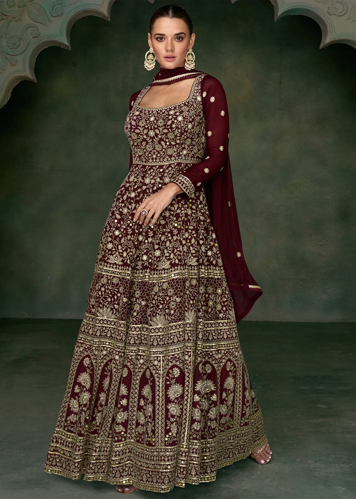 Maroon Georgette Anarkali Gown with Heavy Embroidery