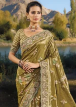 Mehndi Green Banarasi Saree with Embroidery Work