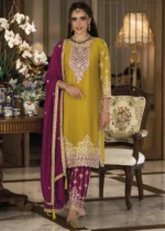 Mustard and Magenta Silk Suit with Embroidery Work