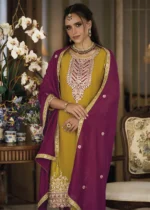 Mustard and Magenta Silk Suit with Embroidery Work