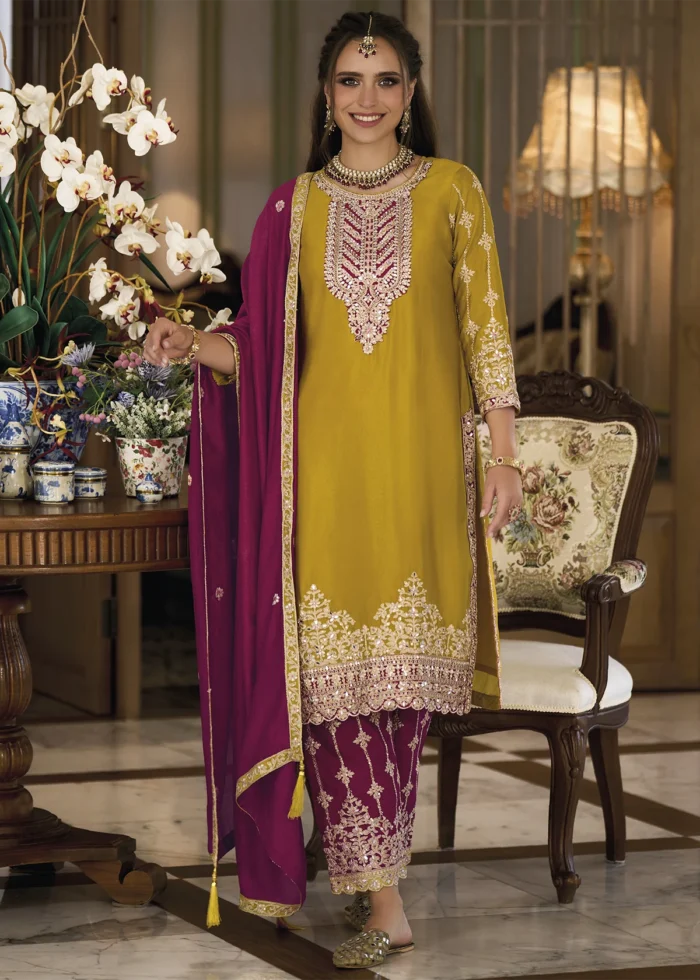 Mustard and Magenta Silk Suit with Embroidery Work