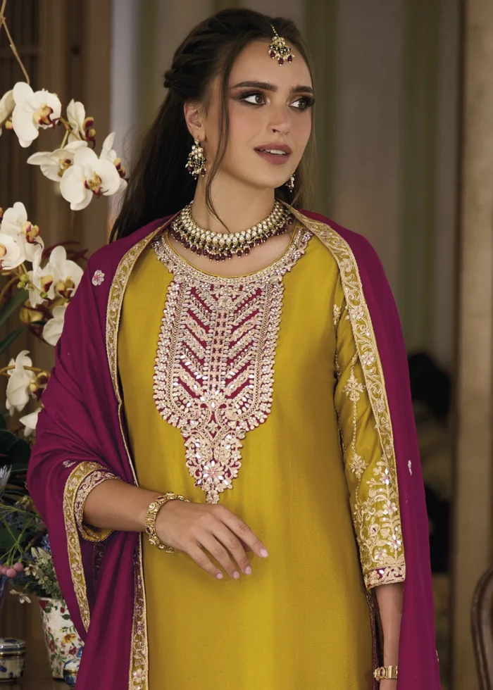 Mustard and Magenta Silk Suit with Embroidery Work