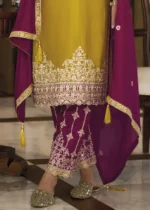 Mustard and Magenta Silk Suit with Embroidery Work