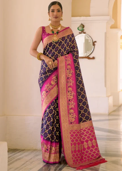 Navy Blue and Pink Banarasi Silk Saree