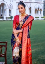 Navy Blue and Red Patola Silk Saree