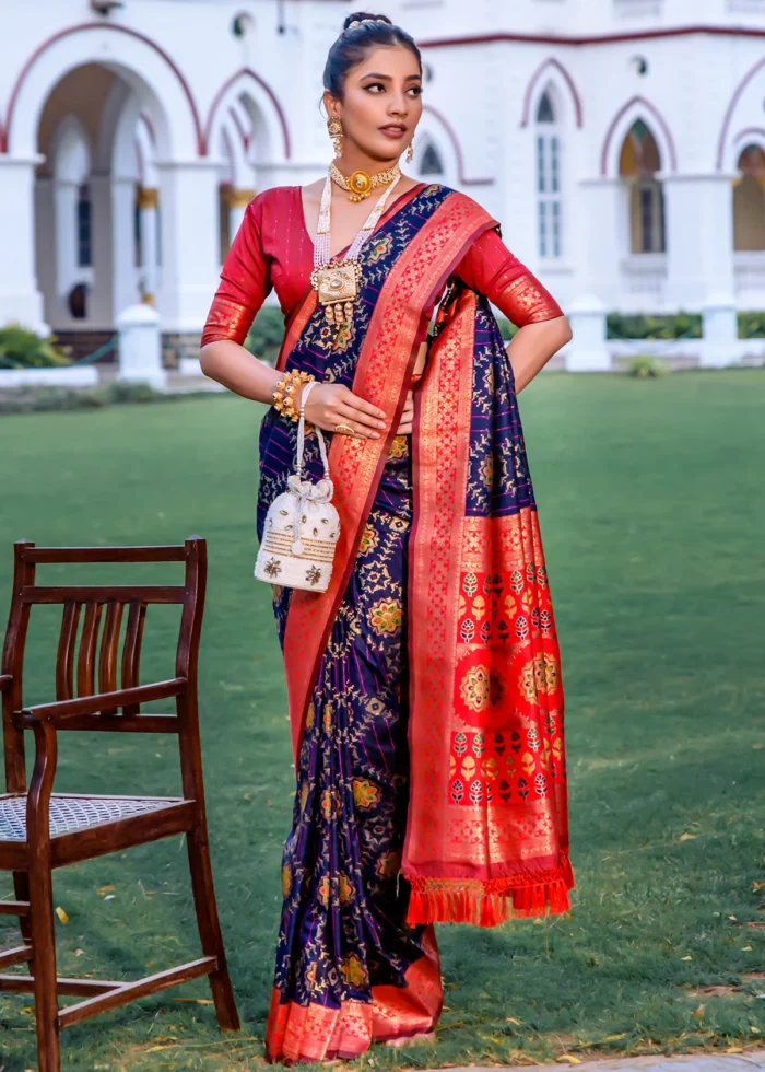 Navy Blue and Red Patola Silk Saree