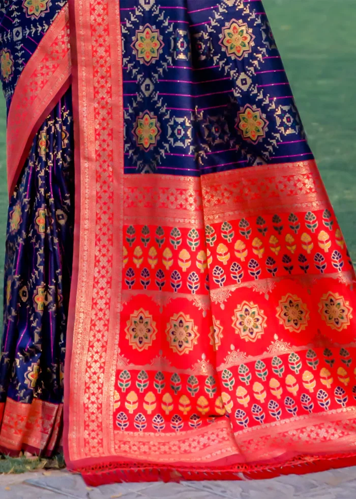 Navy Blue and Red Patola Silk Saree