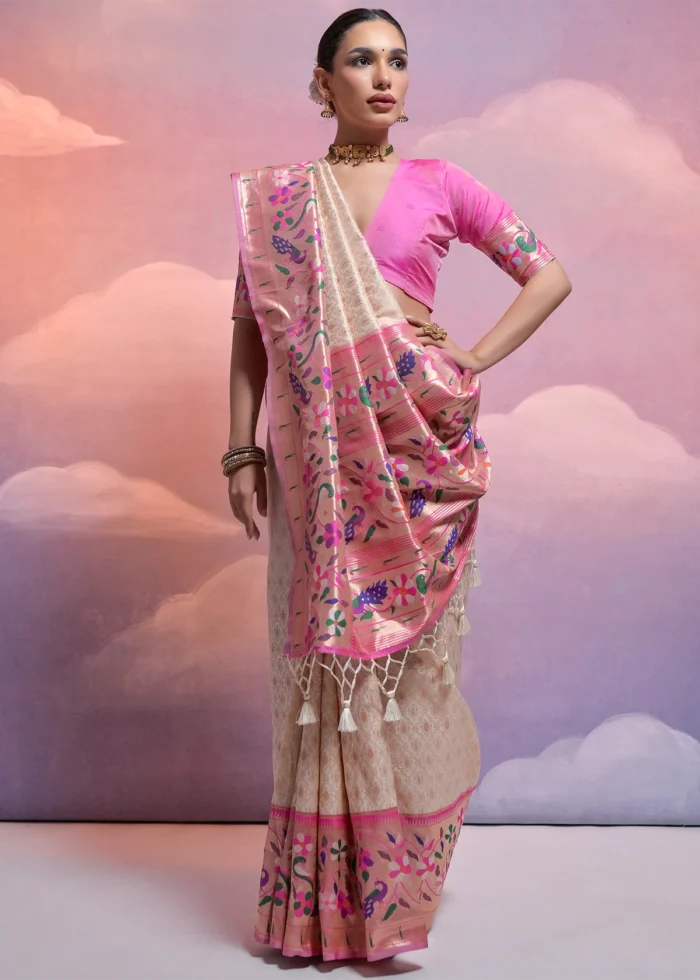 Off White Paithani Silk Saree