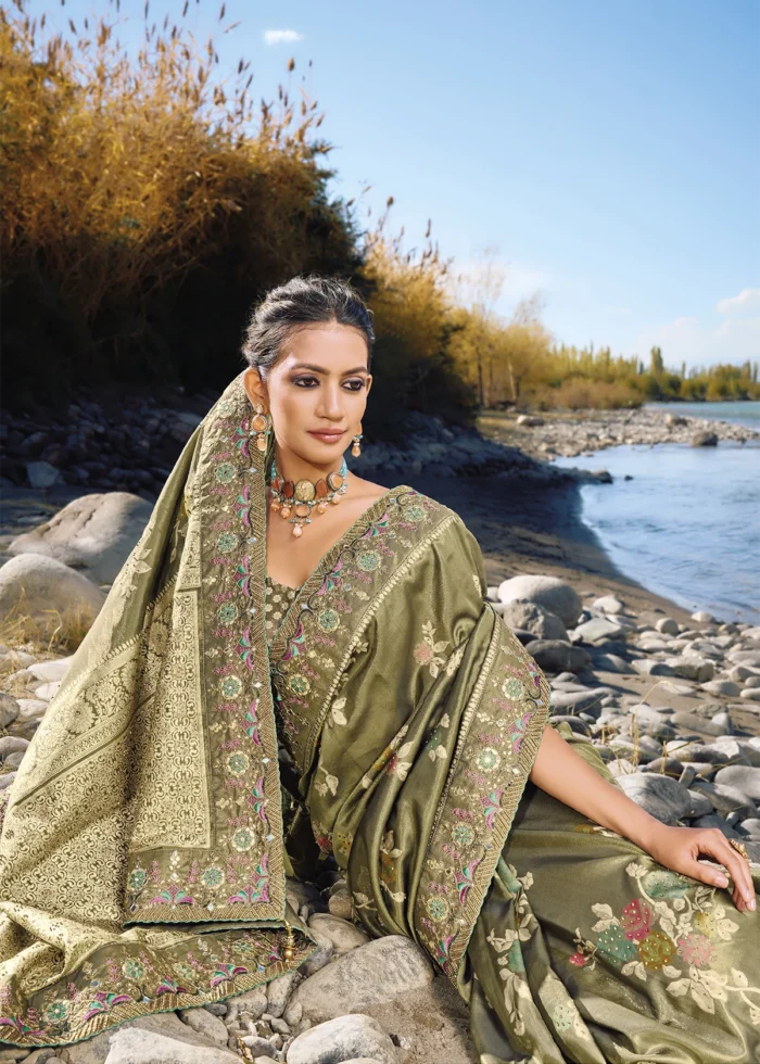 Olive Green Banarasi Saree with Embroidery Work