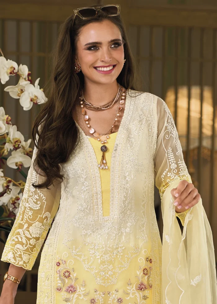 Ombré Yellow Organza Suit with Embroidery Work