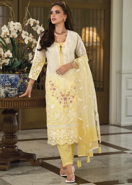 Ombré Yellow Organza Suit with Embroidery Work