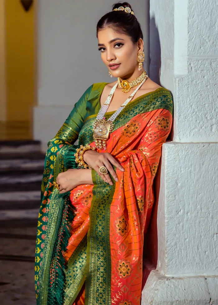 Orange and Green Patola Silk Saree