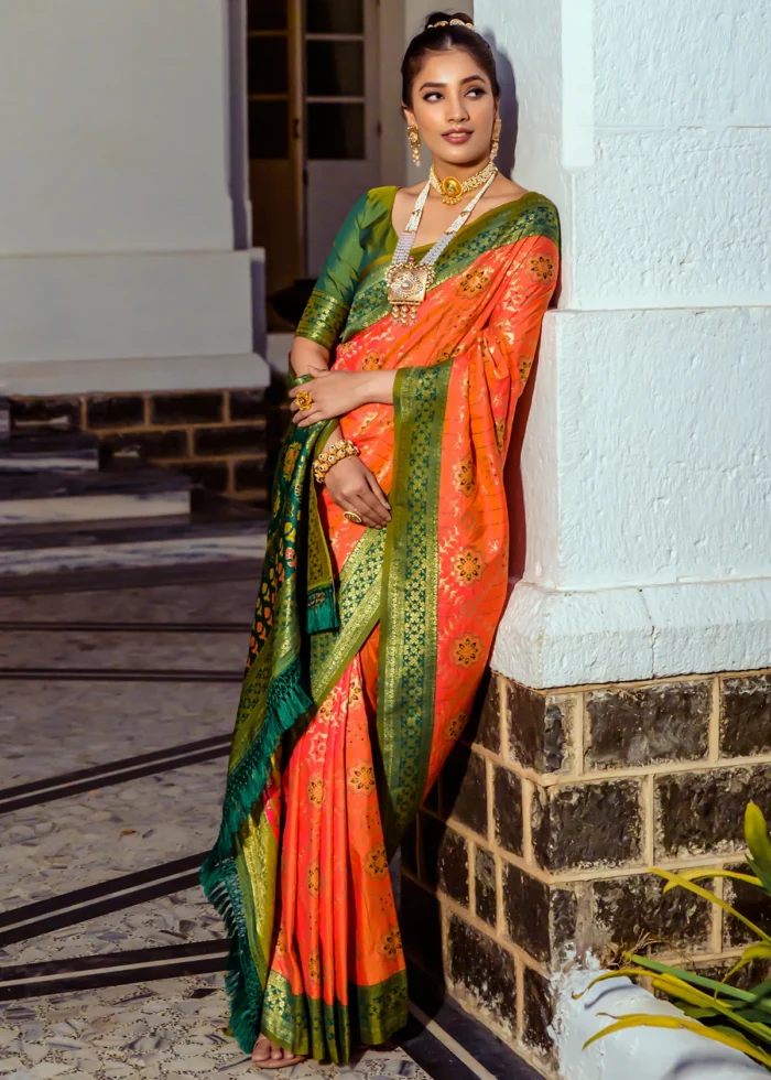 Orange and Green Patola Silk Saree