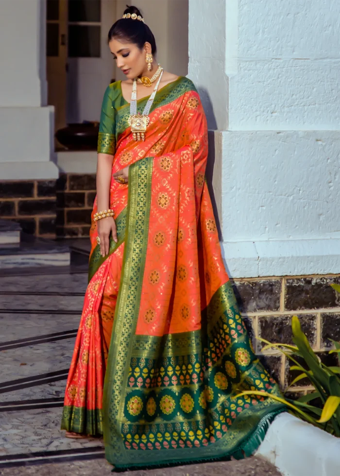 Orange and Green Patola Silk Saree