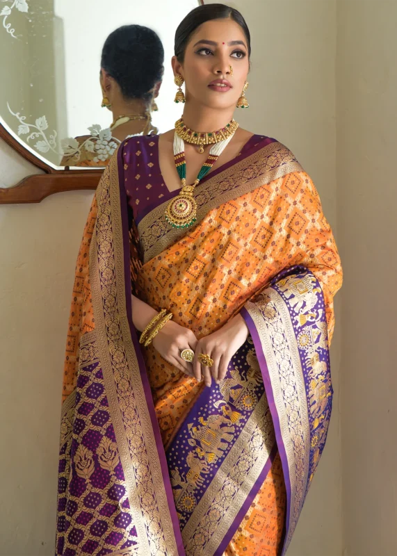 Orange and Purple Banarasi Silk Saree