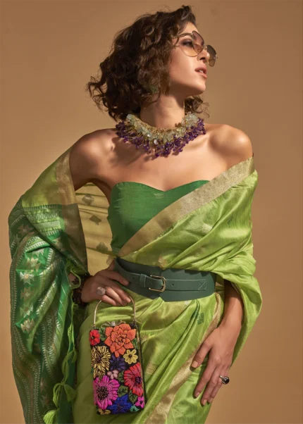 Parrot Green Banarasi Silk Saree