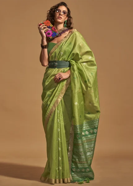 Parrot Green Banarasi Silk Saree