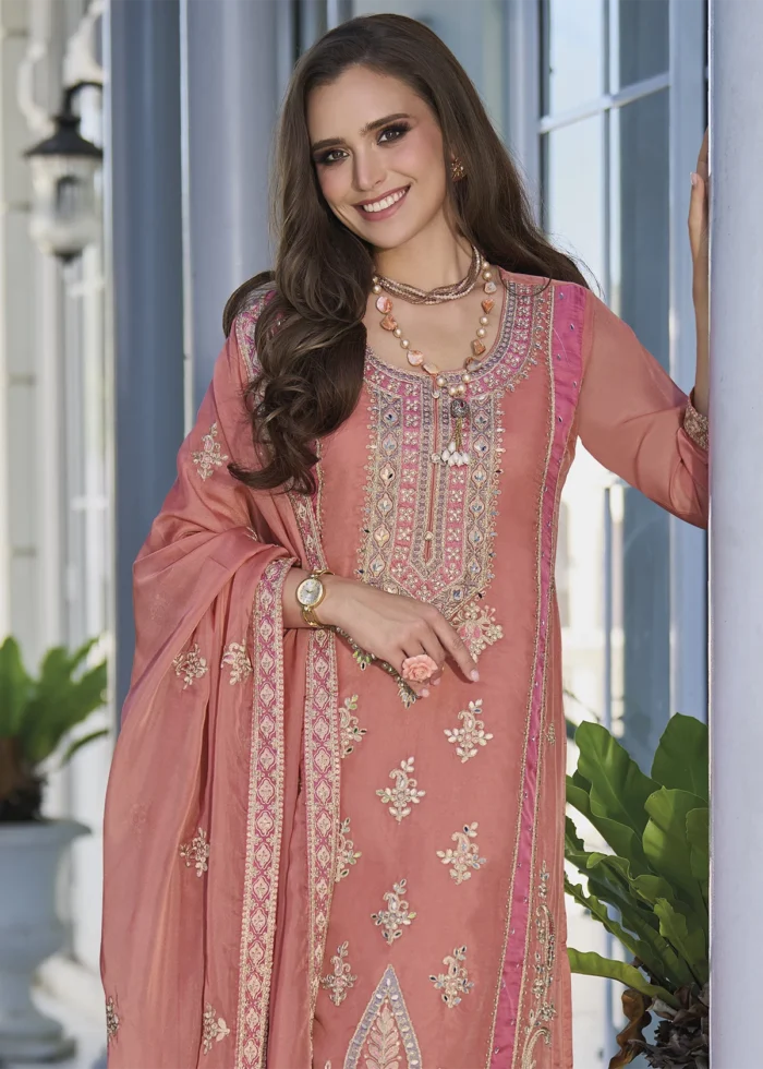 Peach Organza Suit with Embroidery Work