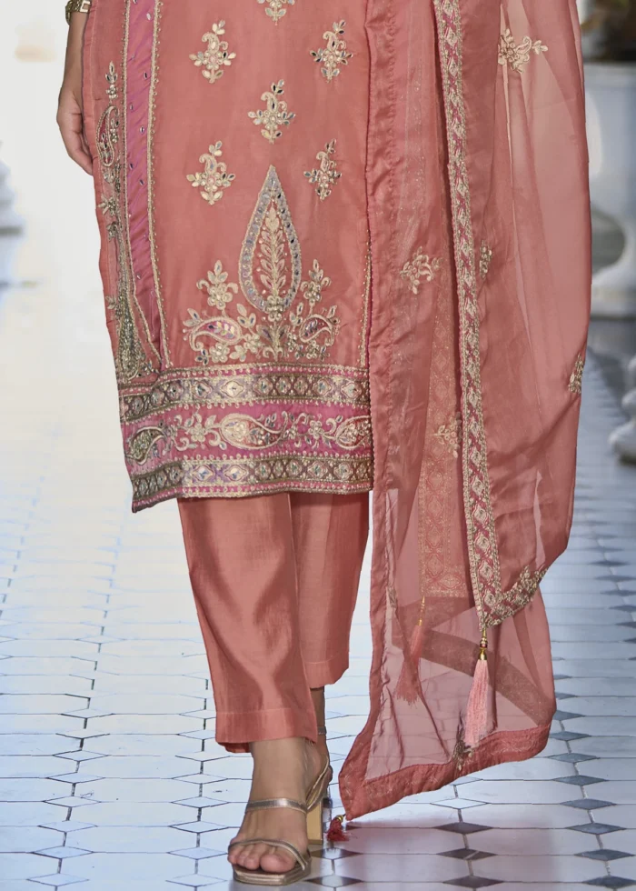 Peach Organza Suit with Embroidery Work